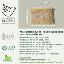 Indlæs billede til gallerivisning Nachhaltige 15–16 Zoll Kork Laptoptasche | Gefütterte vegane Laptop Hülle, Laptop Sleeve mit gelbem Zipper – handgemacht & wasserabweisend | Unikat-Schutzhülle für MacBook Air/Pro, Lenovo & HP : Farb-Akzenten