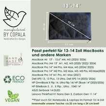 Afbeelding in Gallery-weergave laden, Gefütterte nachhaltige Laptop Hülle 13–14 Zoll aus Blattleder – Handgenähte vegane Laptoptasche, wasserabweisendes Laptop Case, Unikat für MacBook Air & Pro in grau -metallic/ dunkelbraun