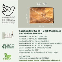 Ladda upp bild till gallerivisning, Nachhaltige 15–16 Zoll Laptoptasche aus Teak-Blattleder | Gefütterte vegane Laptop Hülle / Laptop Sleeve, handgemacht & wasserabweisend – Unikat Schutzhülle für MacBook Pro/Air, Lenovo & HP in gelb