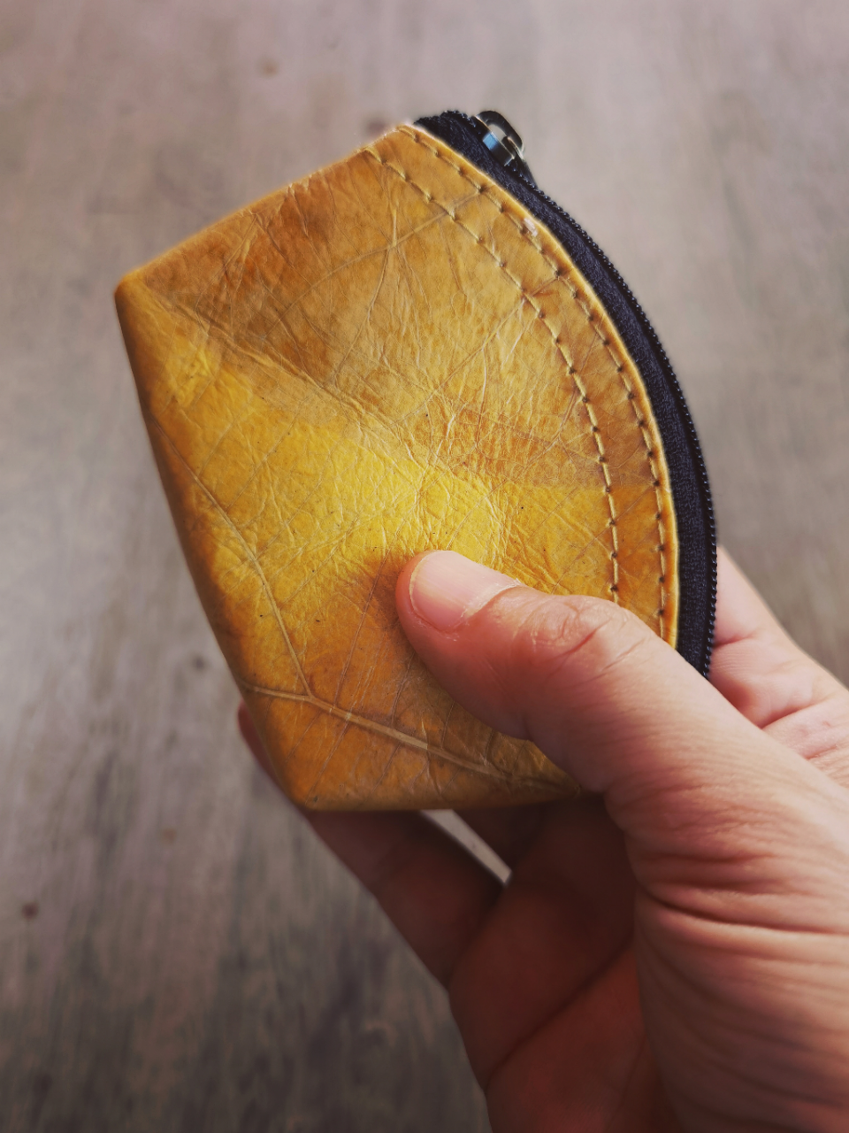 Wallet / mini case made from recycled leaves in yellow