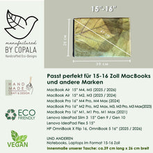 Laden des Bilds im Galerie-Viewer, Nachhaltige 15–16 Zoll Laptoptasche aus Teak-Blattleder | Gefütterte vegane Laptop Hülle / Laptop Sleeve, handgemacht &amp; wasserabweisend – Unikat Schutzhülle für MacBook Pro/Air, Lenovo &amp; HP in grün
